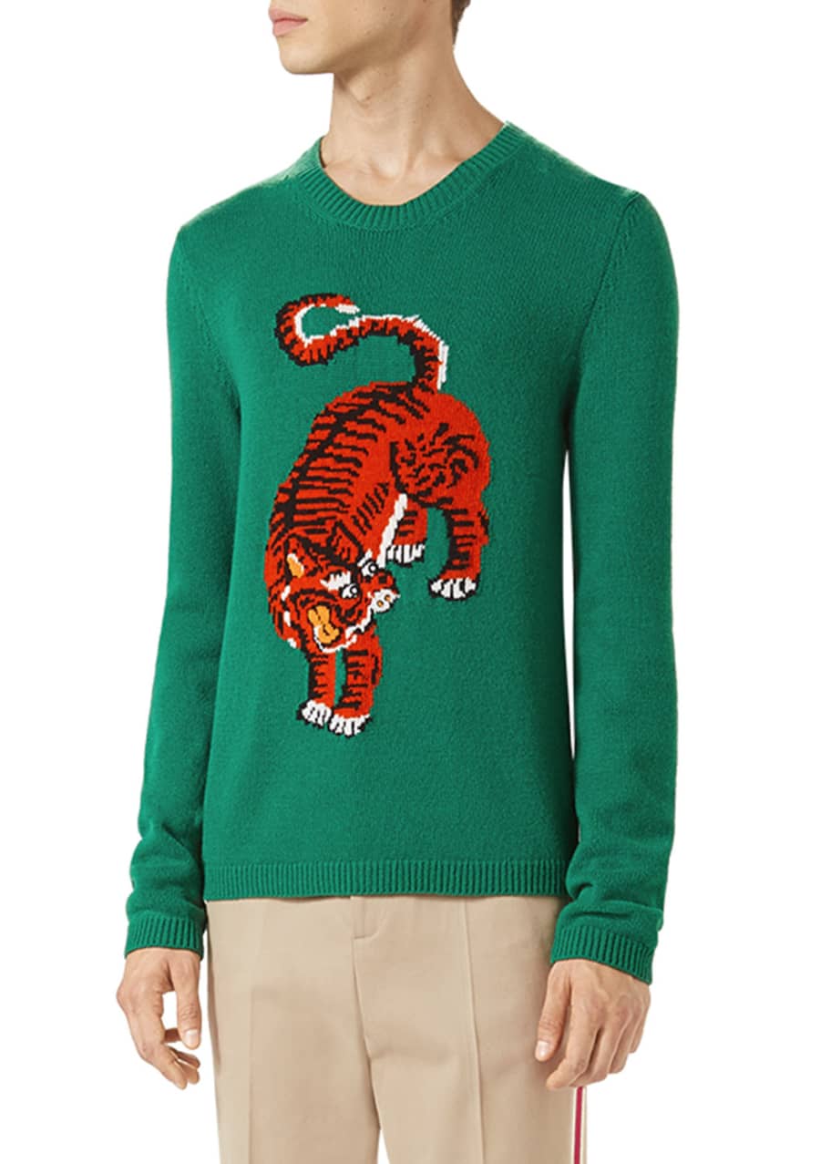 Gucci Crewneck Sweater W/tiger Intarsia, Green