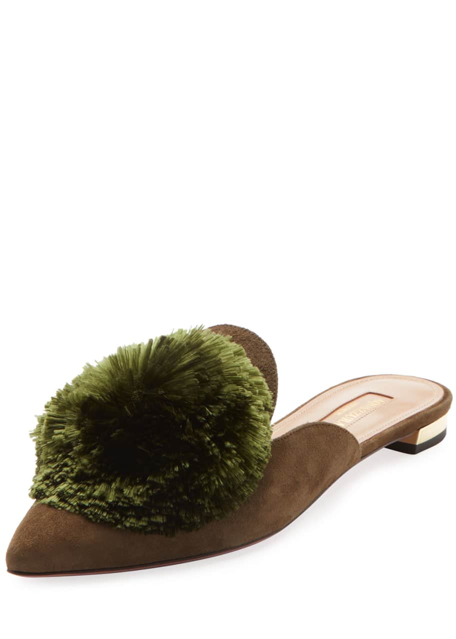 Aquazzura Powder Puff Pompom Suede Mule Flat Bergdorf Goodman