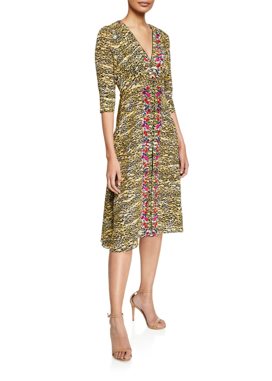 Image 1 of 1: Eve Tiger-Print V-Neck Silk A-Line Dress