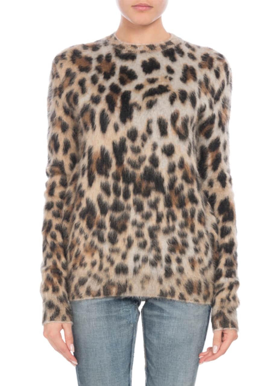Crewneck Long Sleeve Leopard Print Mohair Sweater
