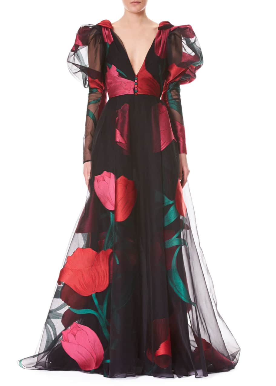 Carolina Herrera Tulip-Print Organza Evening Gown - Bergdorf Goodman