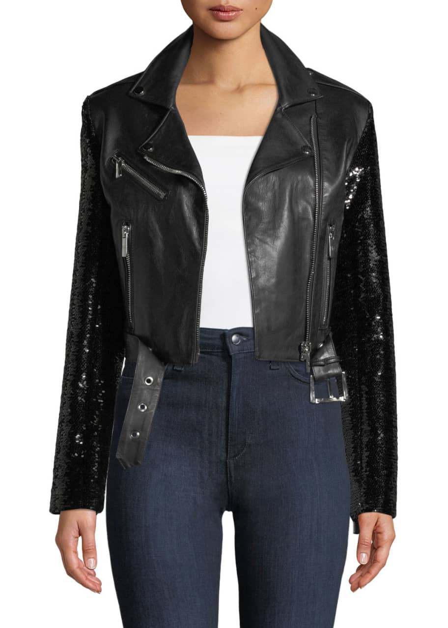 Nour Hammour Let's Dance Cropped Leather Jacket w/ Sequin Sleeves ...