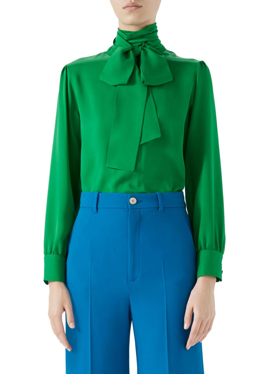 Gucci Button Back Long Sleeve Scarf Neck Silk Satin Georgette