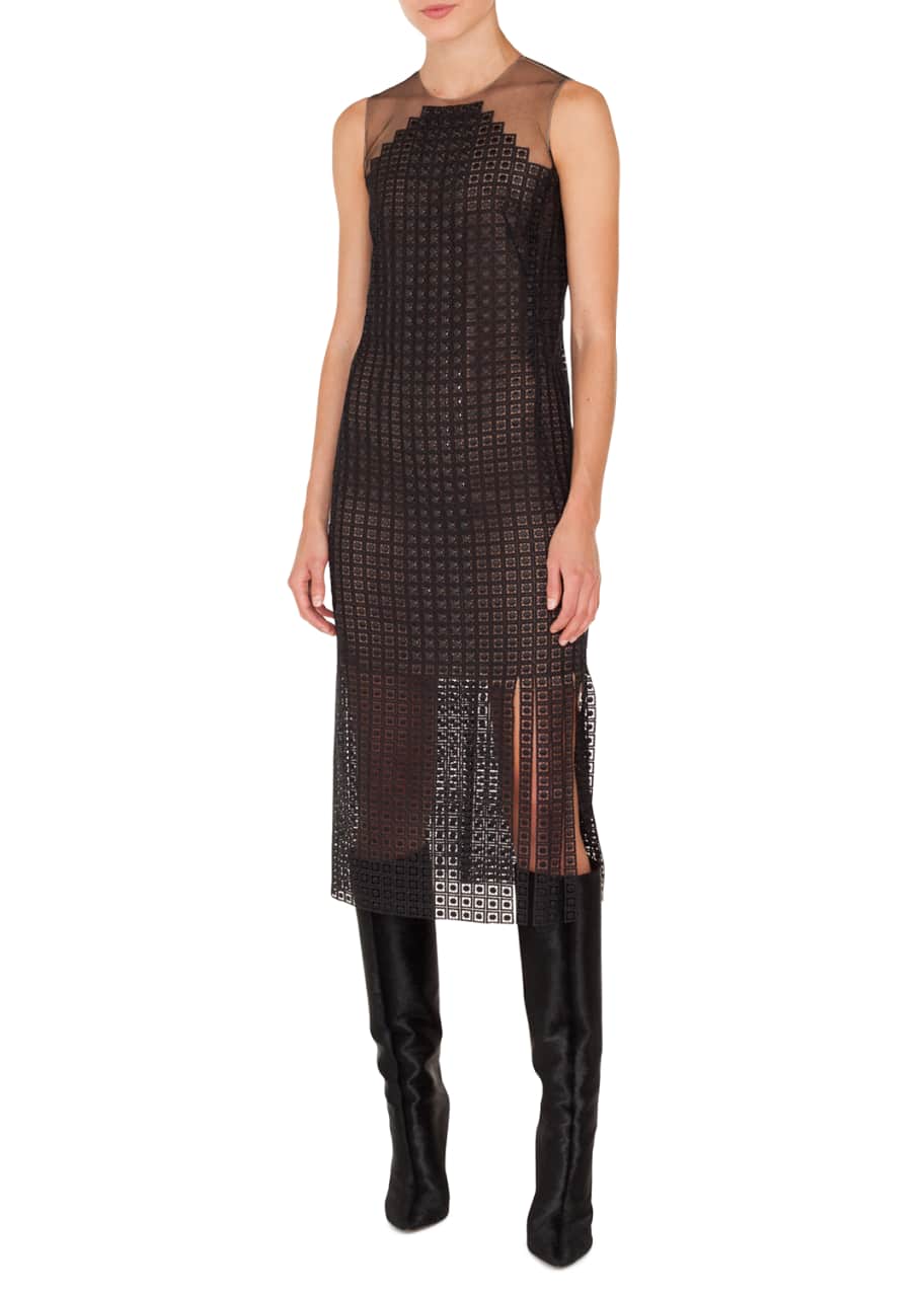 Image 1 of 1: Halter-Illusion Sleeveless Metal-Stud Embroidered Dress w/ Carwash Sides