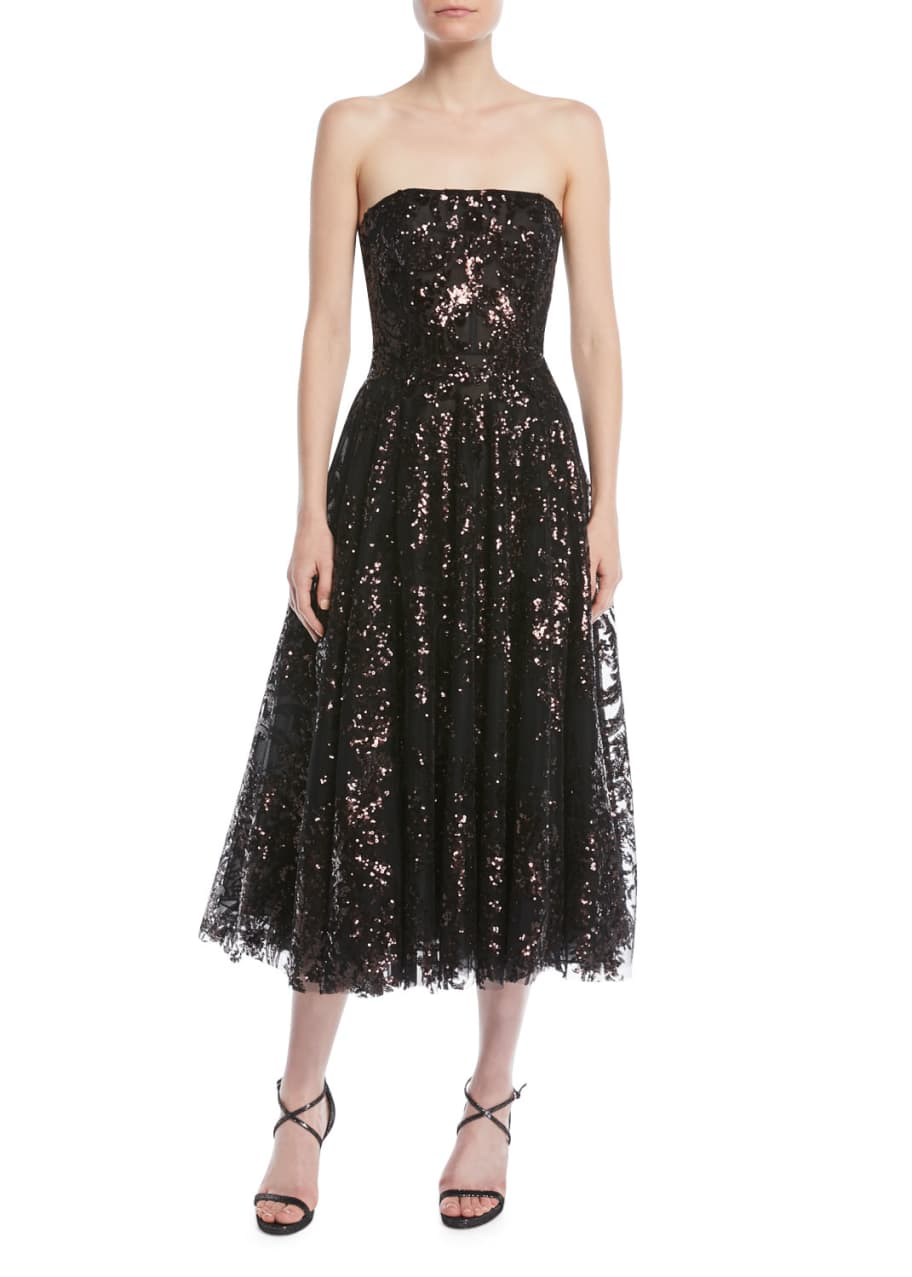 Naeem Khan Strapless Fit-and-Flare Sequined Tea-Length Evening Dress ...