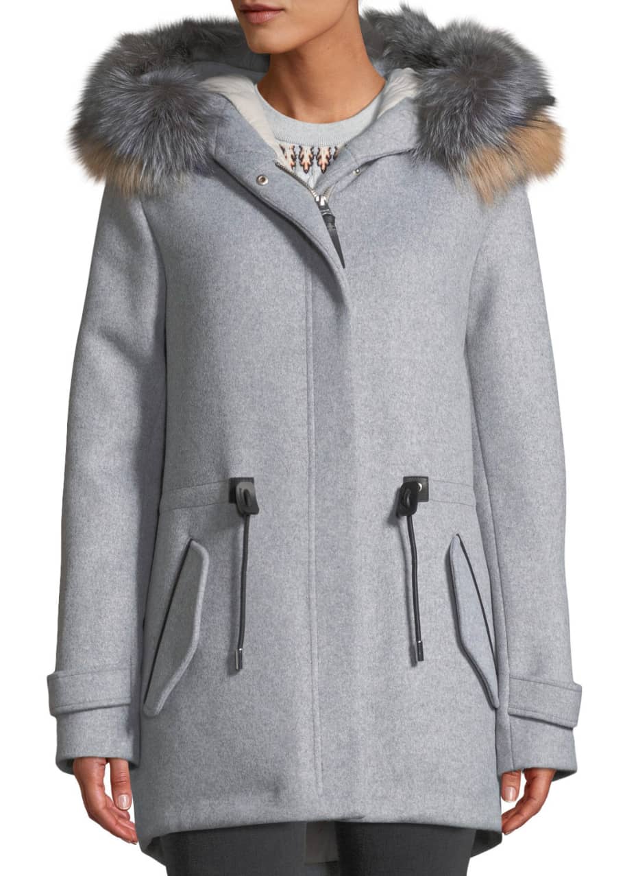 Alexa Wool Blend Trench Coat w Tricolor Fur