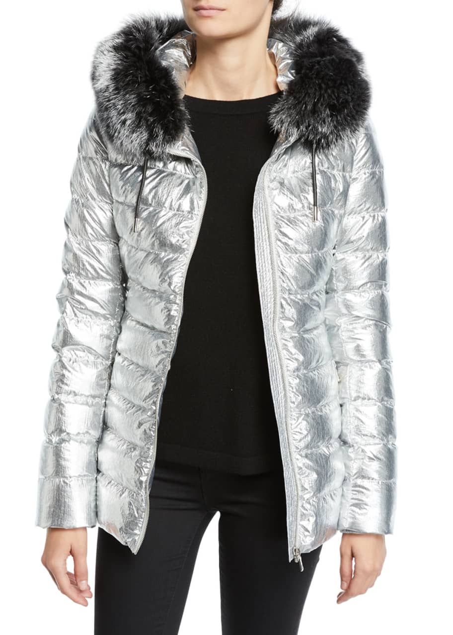 Yves Salomon Fox Collar Puffer Jacket in Metallic Grey