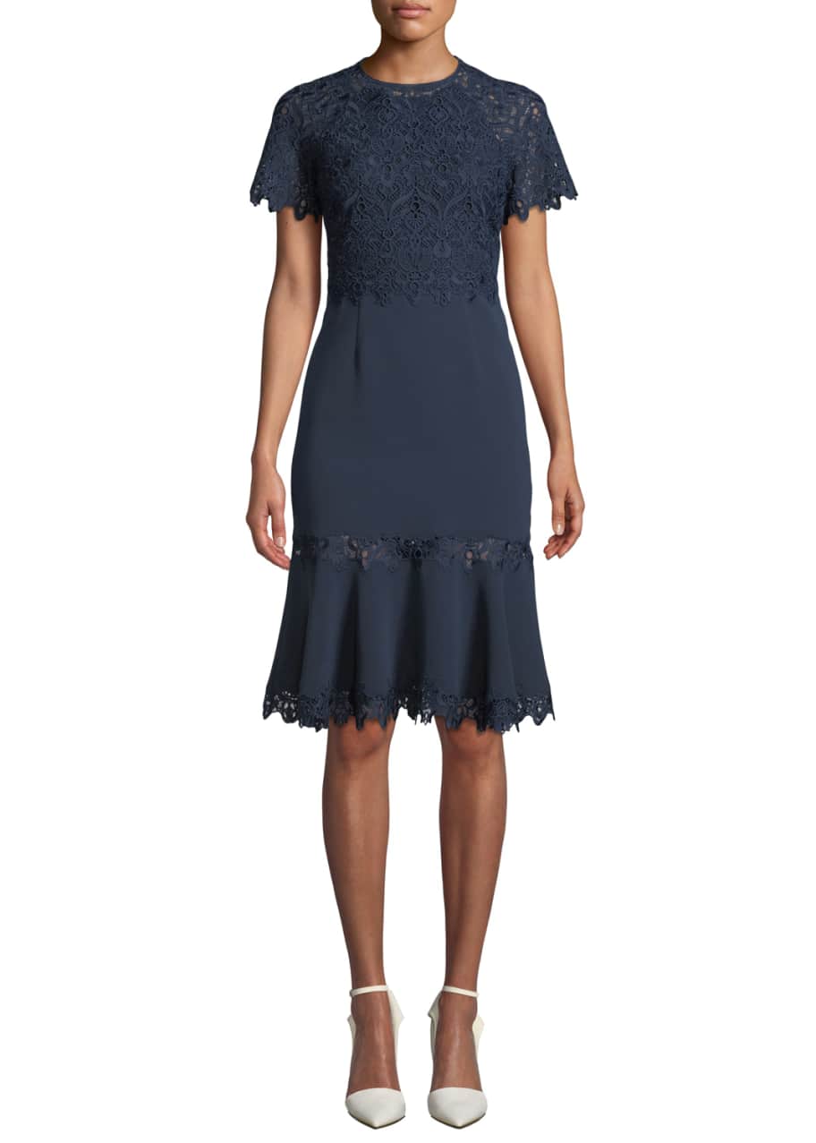 Image 1 of 1: Embroidered Flounce Short-Sleeve Cocktail Dress