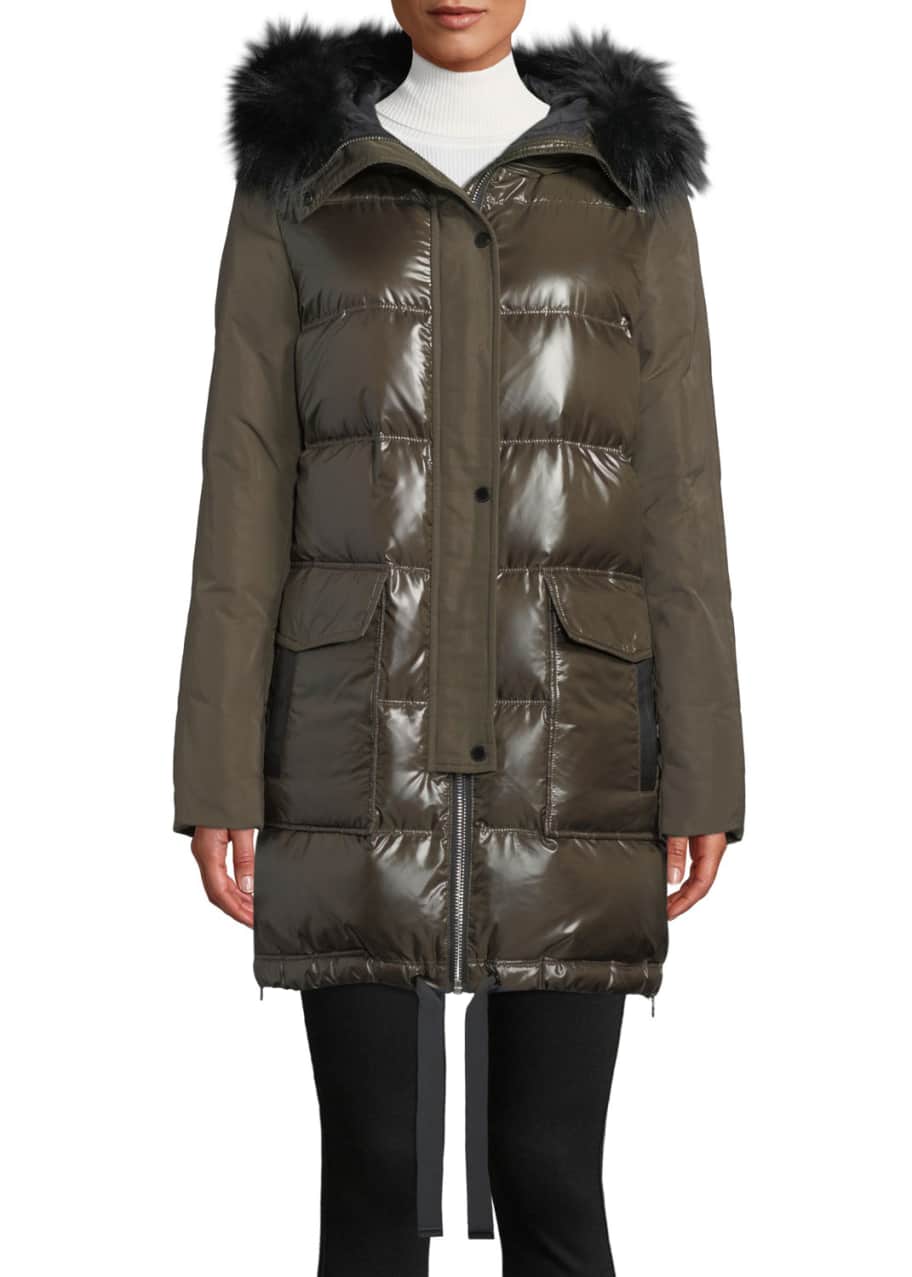 Hooded Puffer Combo Parka Coat w Fur Trim
