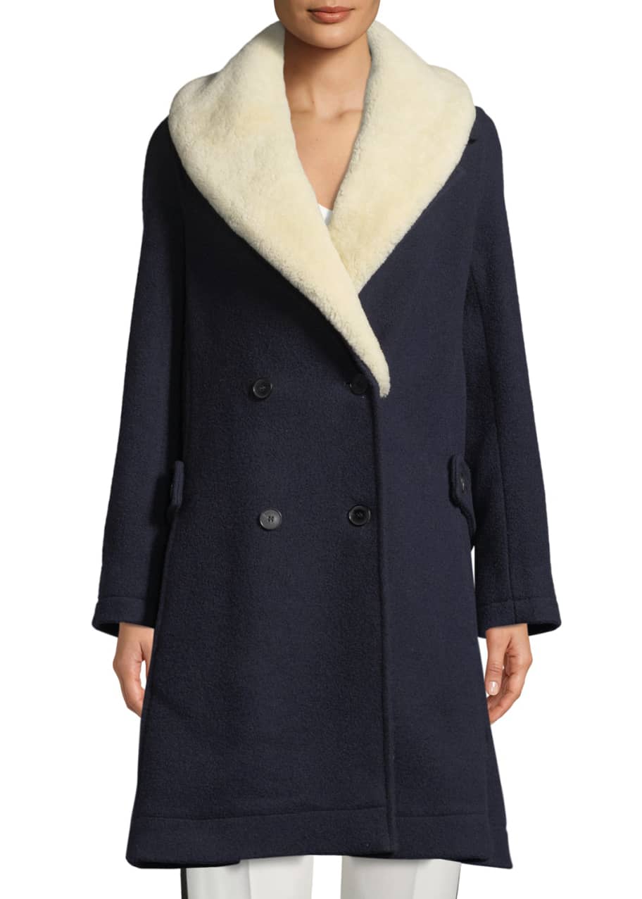 Image 1 of 1: Double-Breasted Wool Swing Coat w/ Shearling Fur