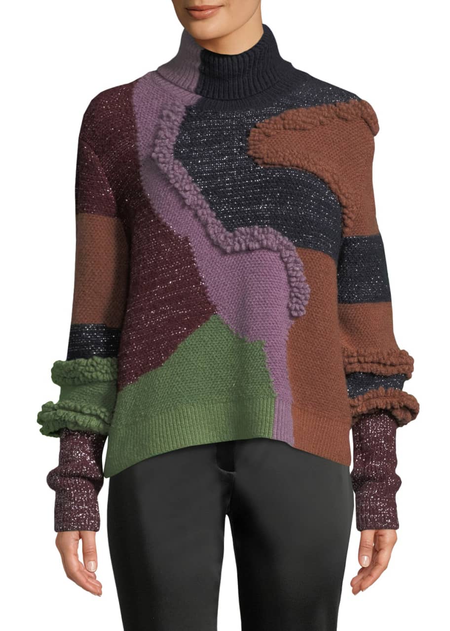 Turtleneck Patchwork Knit Pullover Sweater w Metallic