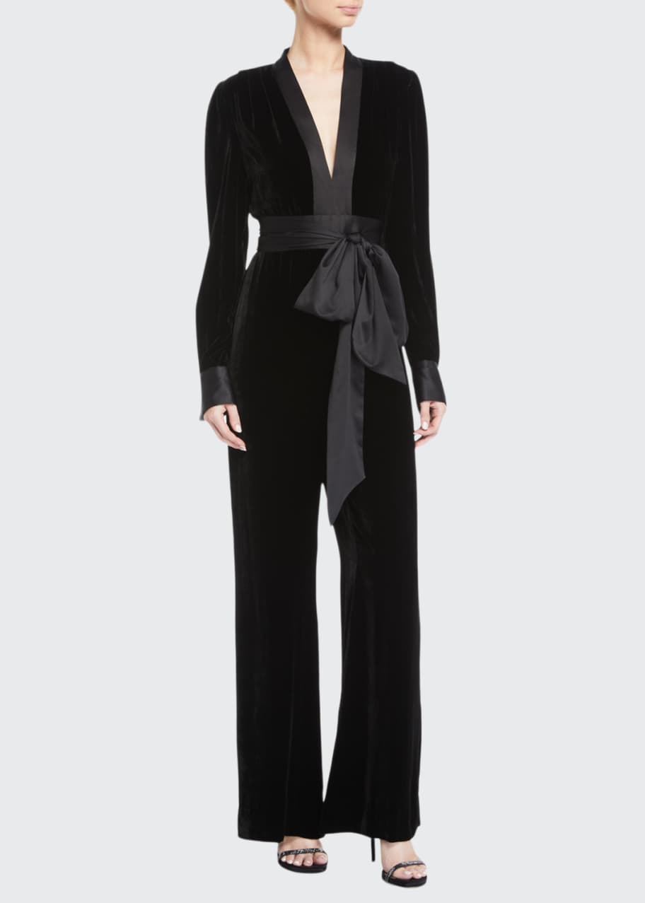 Velvet Long Sleeve V Neck Jumpsuit w Sash