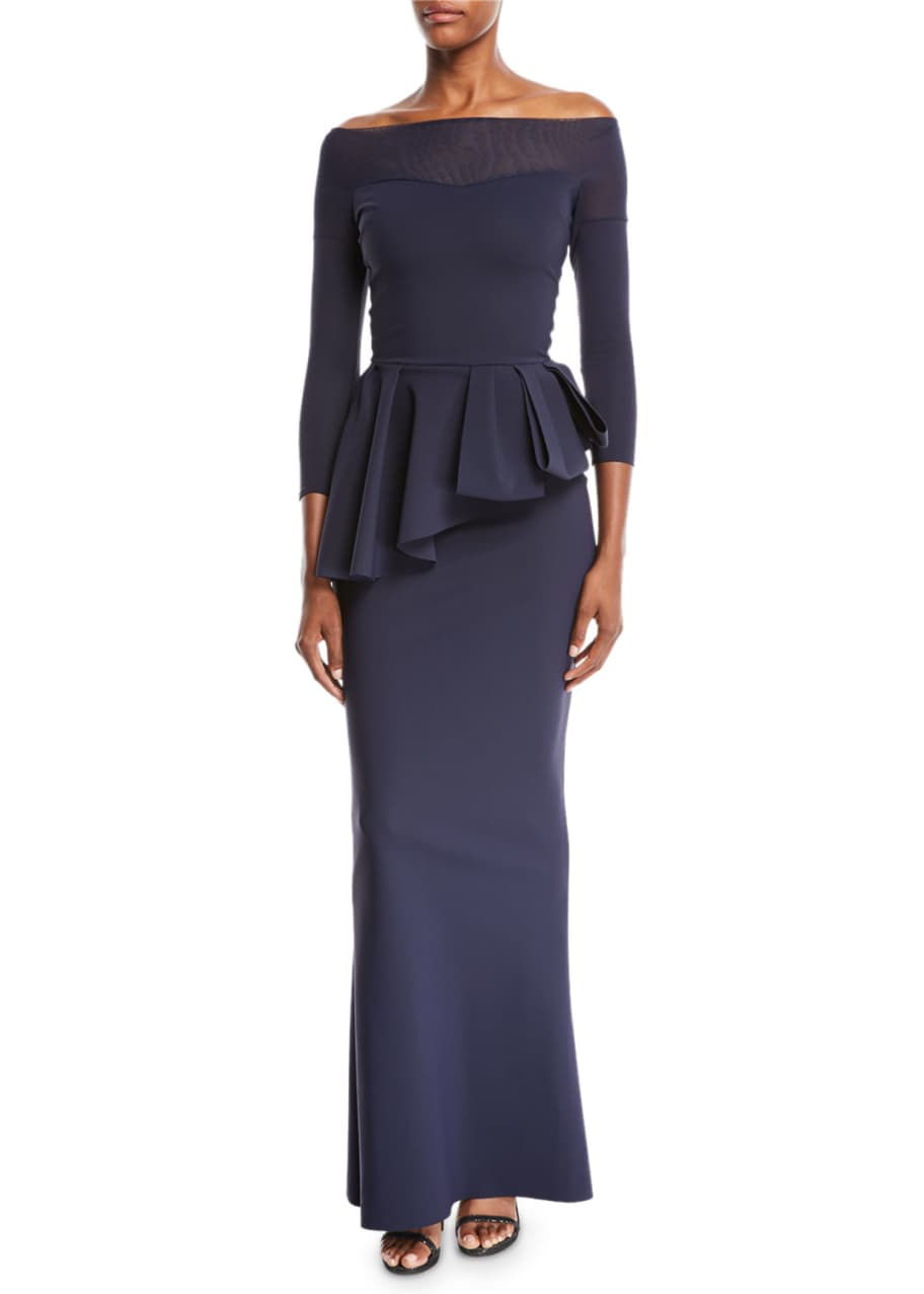 Image 1 of 1: Nabelle Off-the-Shoulder Illusion Gown w/ Peplum Waist