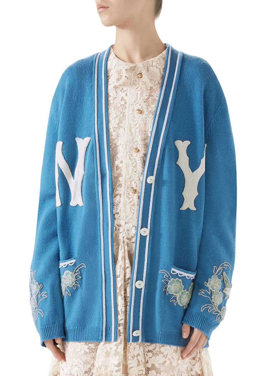 Gucci NY Yankees MLB V Neck Wool Cardigan with Flower Appliques