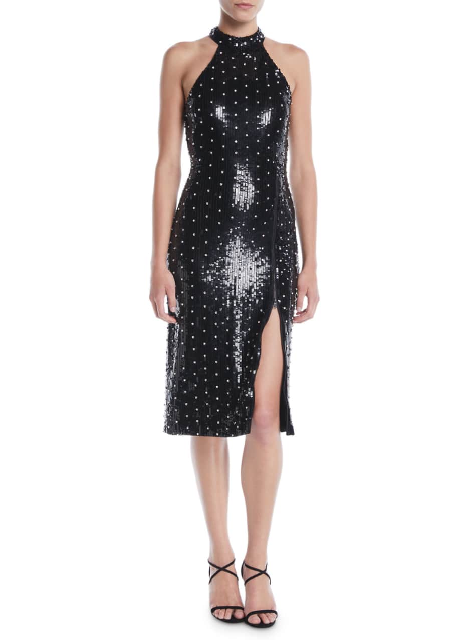 Image 1 of 1: Jeana Sequin Halter Zip-Up Slit Dress