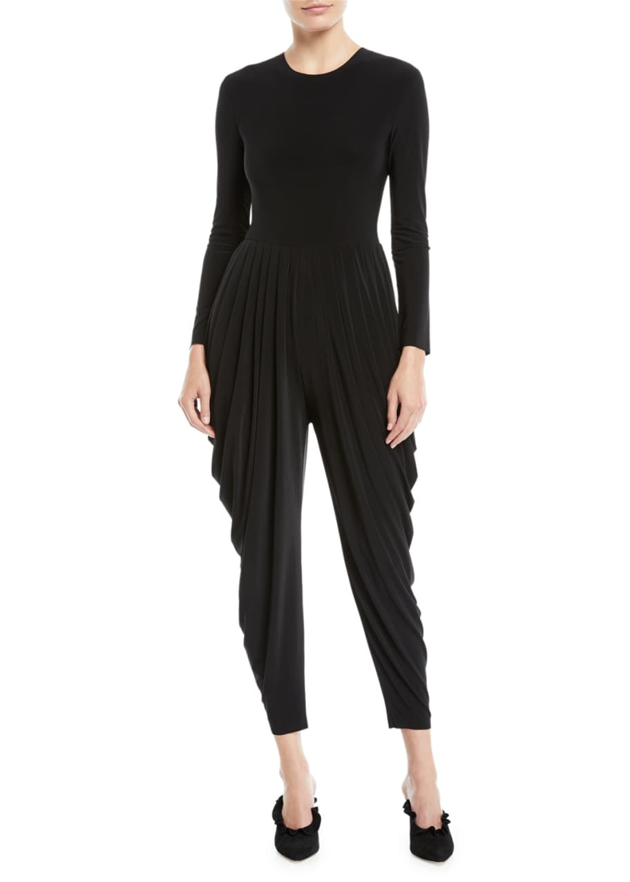 Norma Kamali Jewel Neck Long Sleeve Waterfall Stretch Jersey