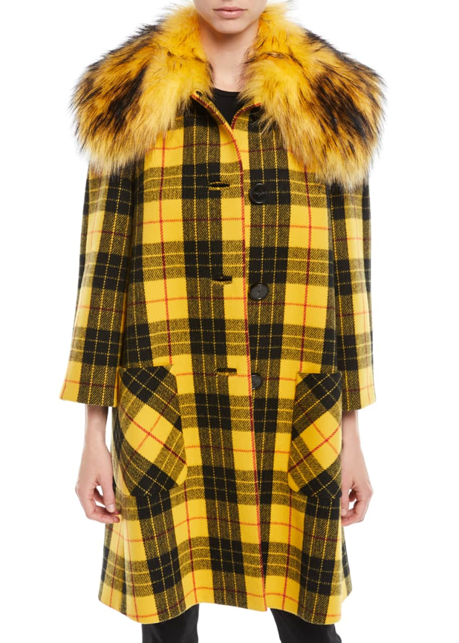 Michael Kors Collection Button-Front Plaid Wool Coat w/ Faux-Fur Collar -  Bergdorf Goodman