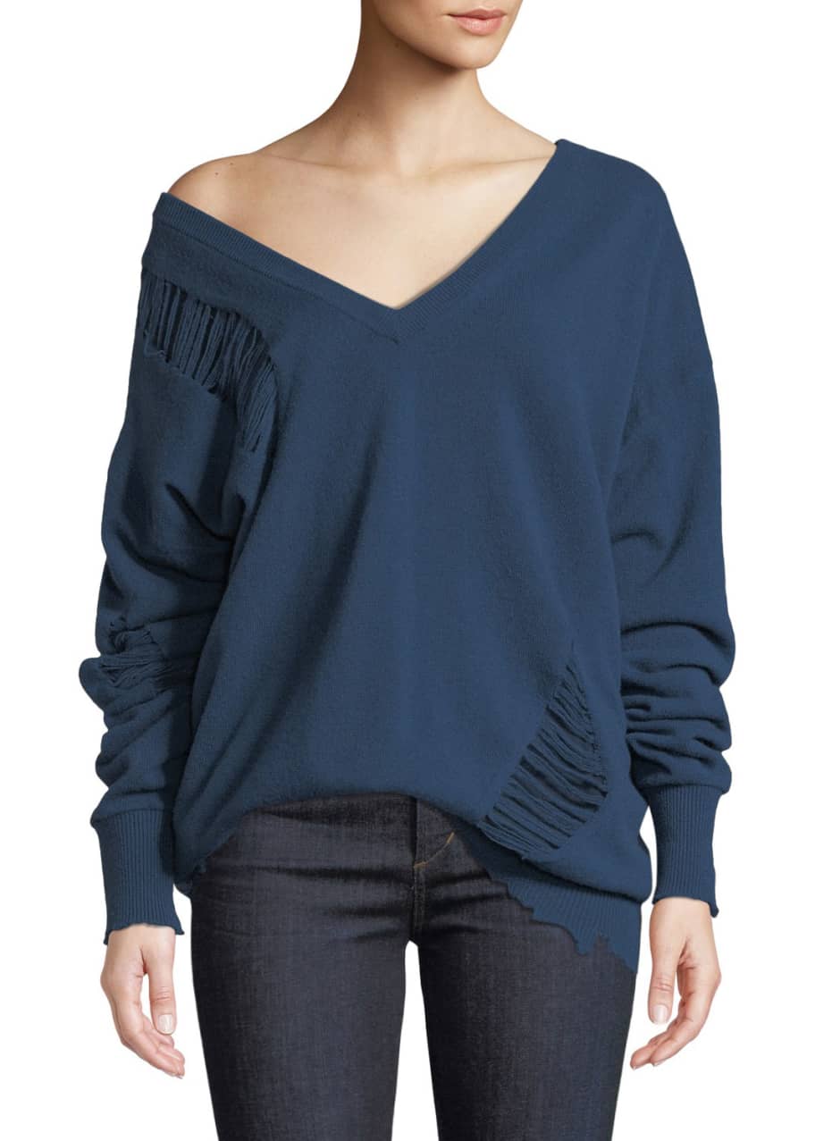 Wide V-Neck Distressed Wool Pullover Sweater