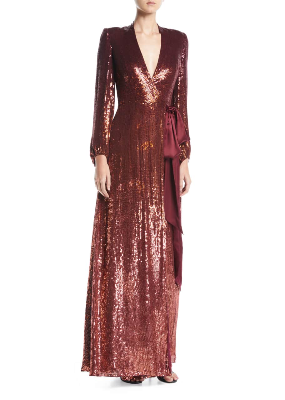 Image 1 of 1: Aries V-Neck Long-Sleeve Wrap Sequin Evening Gown
