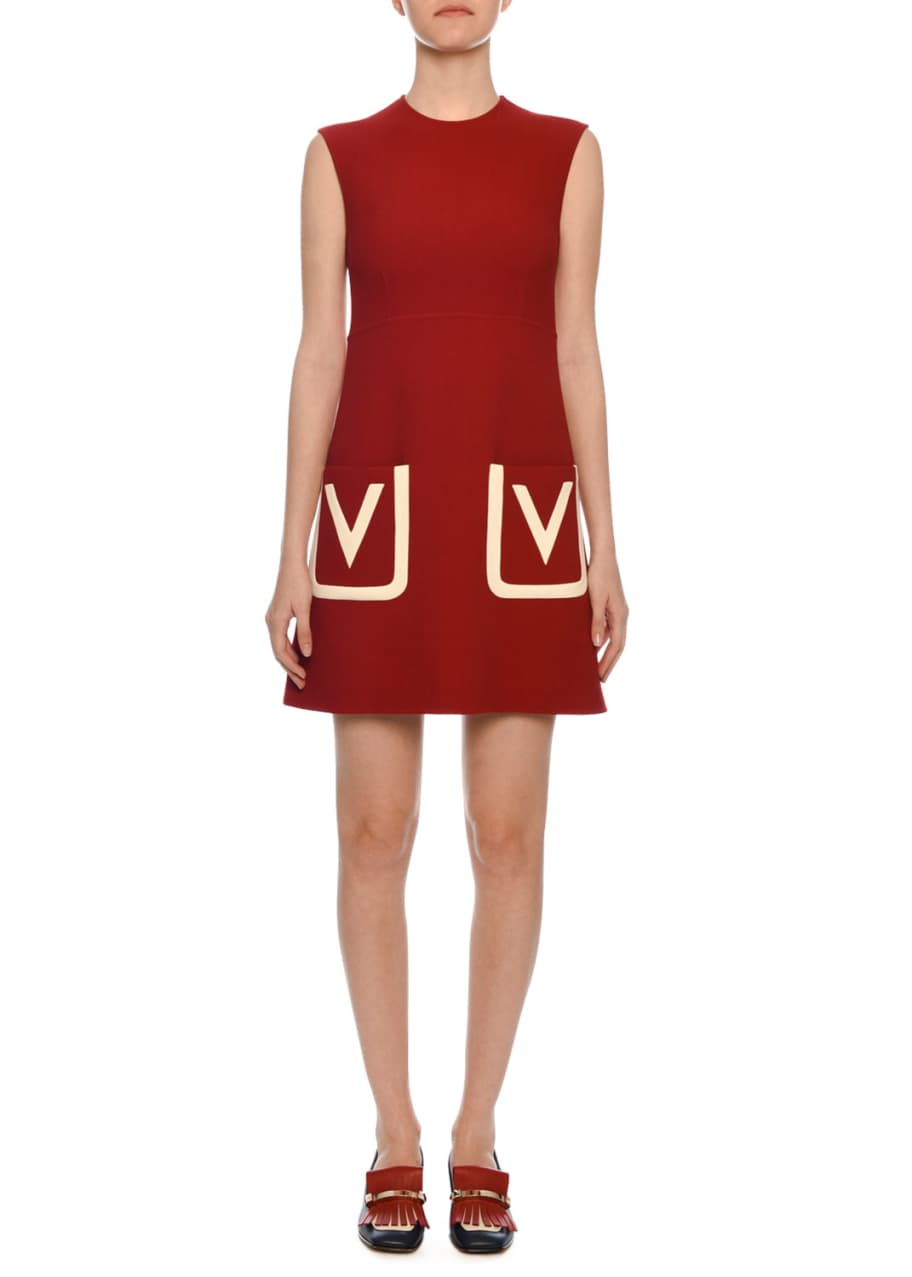 Image 1 of 1: Sleeveless V-Logo Pocket Crepe Wool A-Line Dress