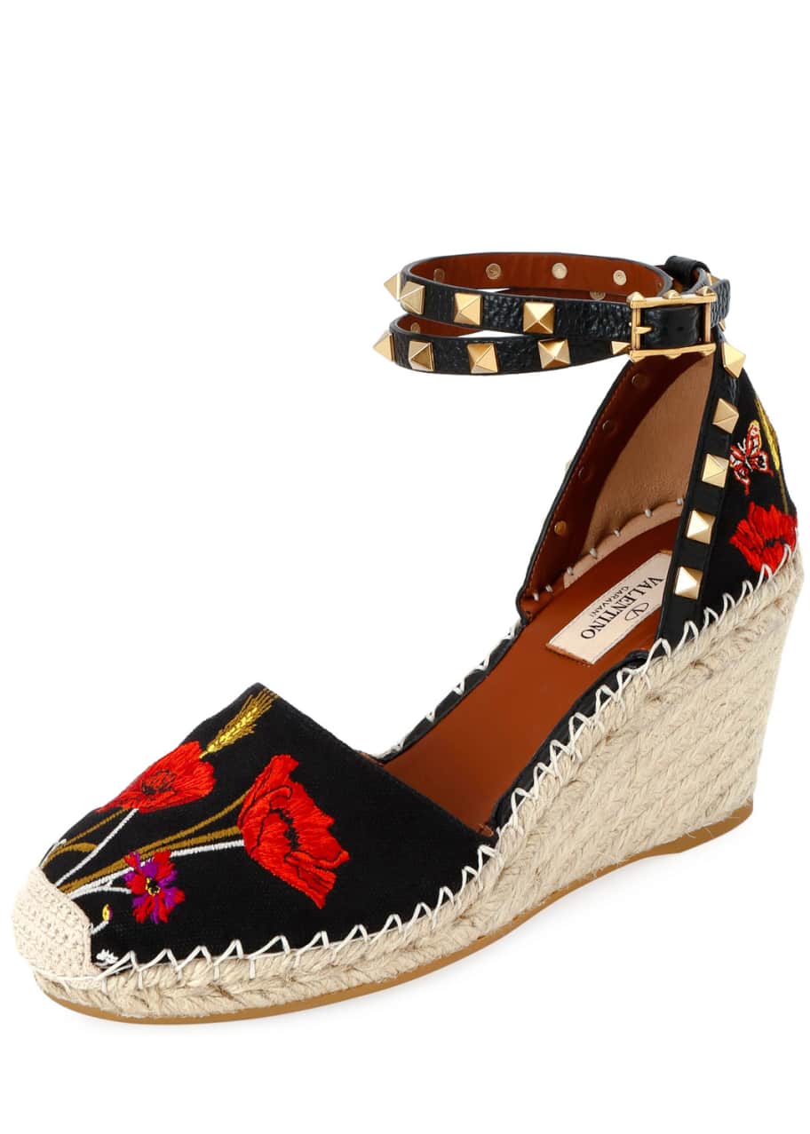 Image 1 of 1: Rockstud Poppy Embroidered Wedge Espadrilles