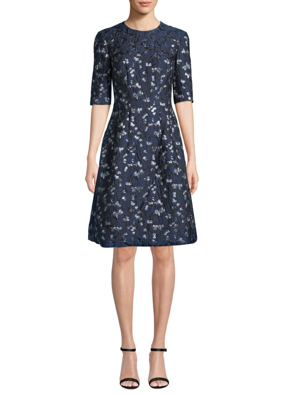 Lela Rose Holly Elbow Sleeve Floral Brocade Fit and Flare Dress