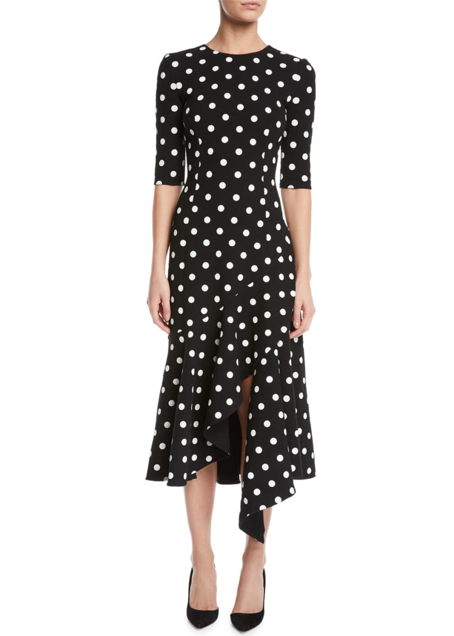 Oscar de la Renta Polka-Dot Drop-Waist Fitted Asymmetric-Hem Midi Dress ...