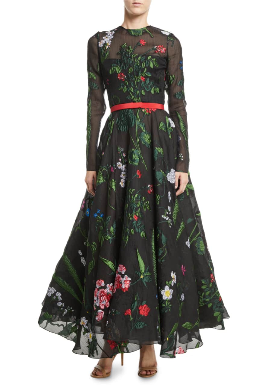 Oscar de la Renta Long-Sleeve Belted Floral-Embroidered Fit-and-Flare ...
