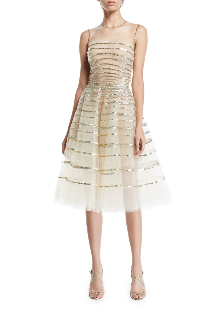 Oscar de la Renta Sequin-Striped Tulle Fit-&-Flare Dress - Bergdorf Goodman