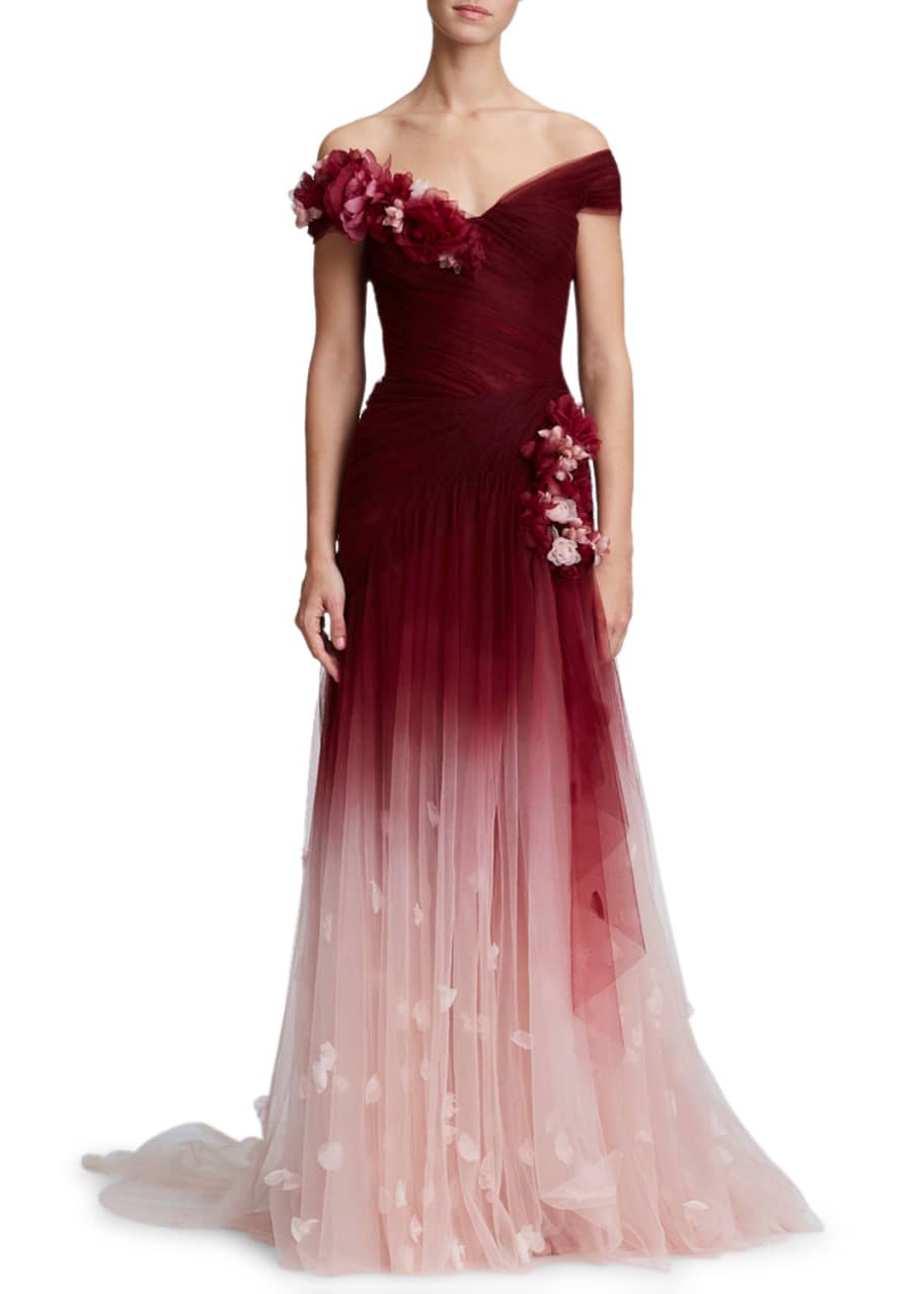 Image 1 of 1: 3-D Flower Embellishment Off-the-Shoulder Ombre Tulle Evening Gown