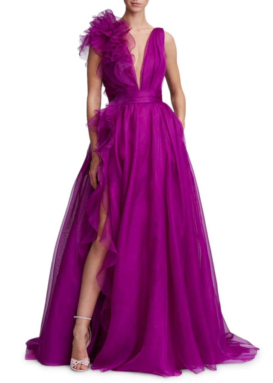 Marchesa Plunging V Neck Evening Gown w Ruffle Slit Flower