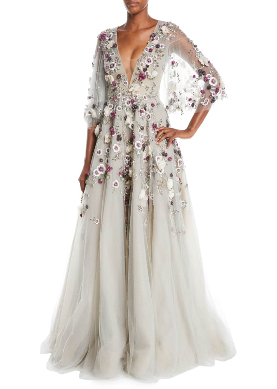 Marchesa Plunging V-Neck Cape-Sleeve Floral-Applique Evening Gown ...