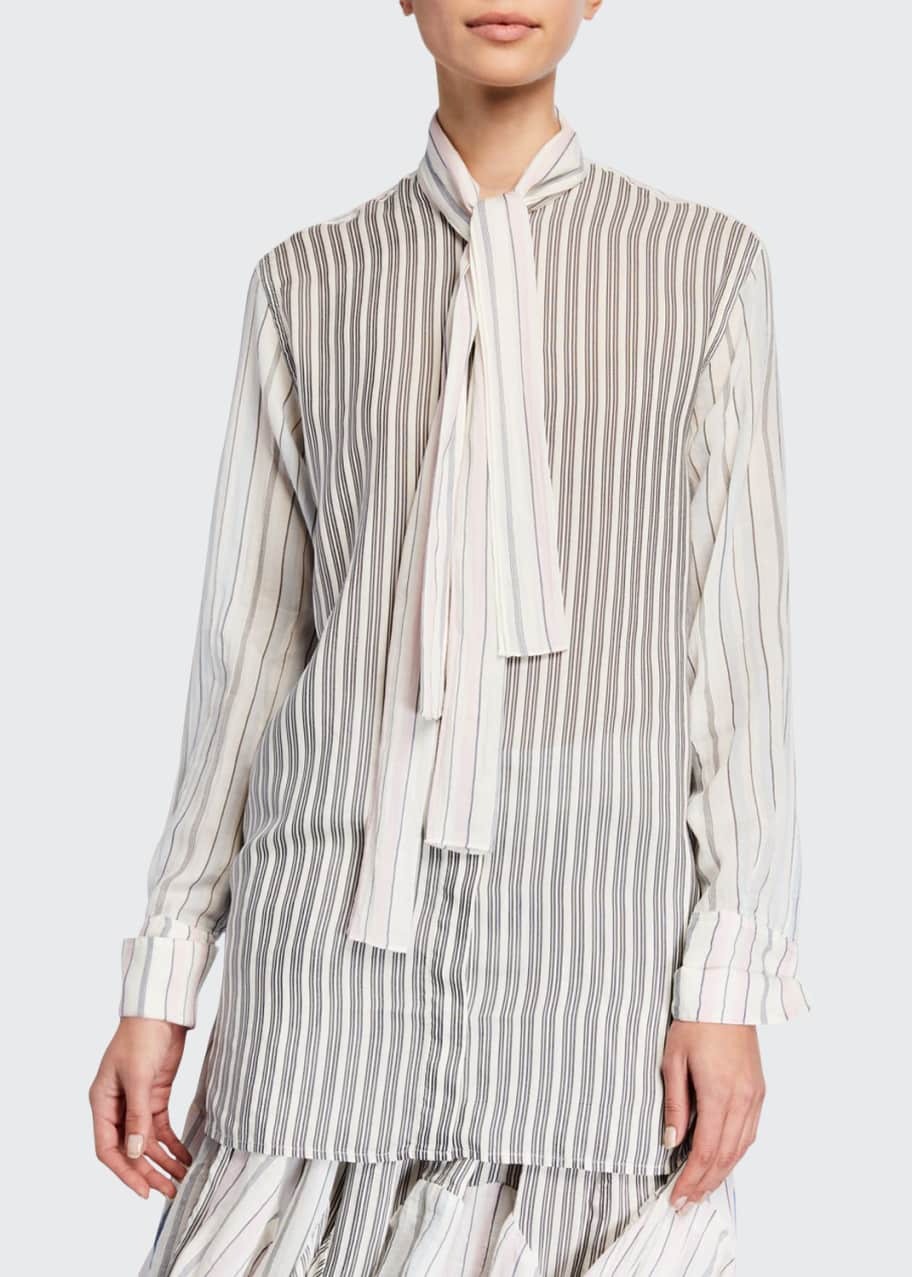 Image 1 of 1: Tie-Neck Pajama-Striped Button-Front Shirt