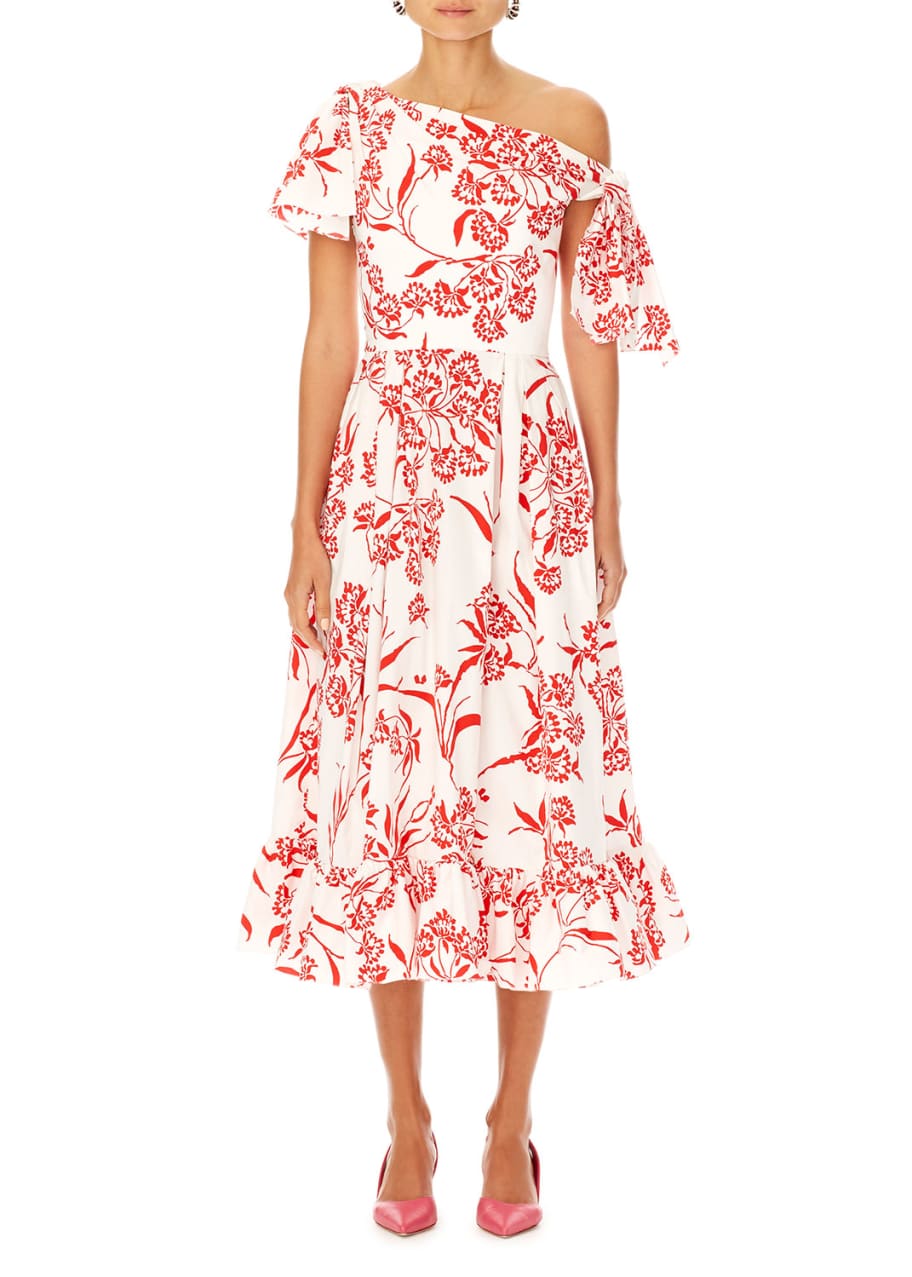 Carolina Herrera Asymmetric Floral-Print Cotton Dress w/ Knot Detail ...