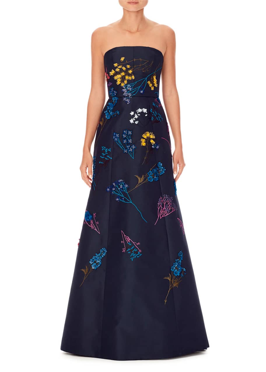 Image 1 of 1: Strapless Floral-Embroidered Trumpet Evening Gown