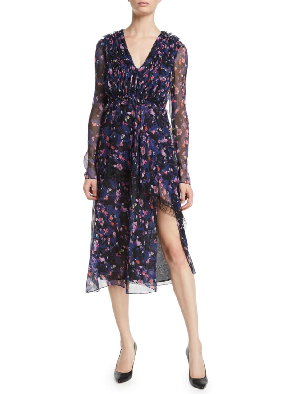 Image 1 of 1: V-Neck Long-Sleeve Floral-Print Crinkle Chiffon Day Dress w/ Lace Trim