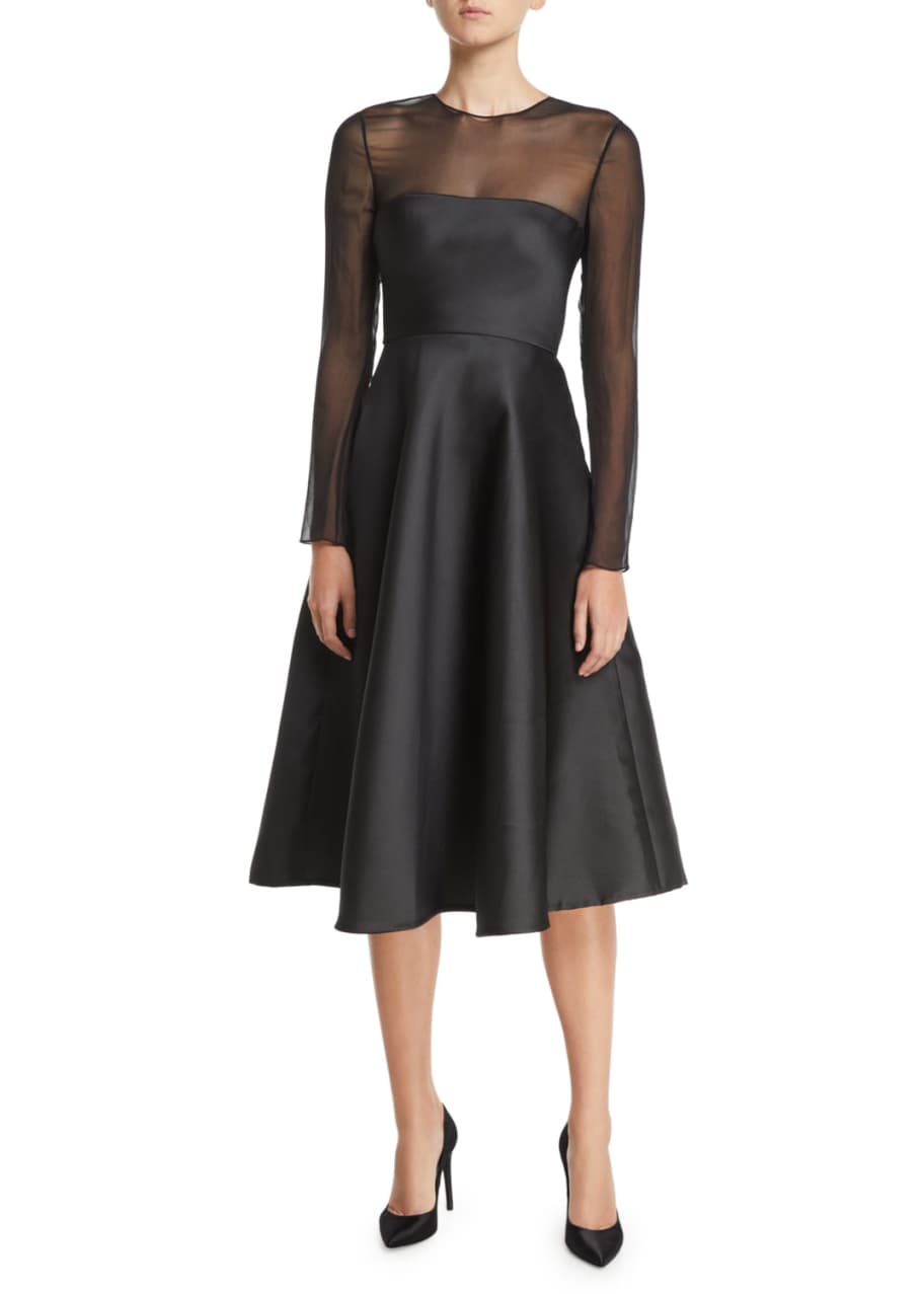 Jason Wu Collection Chiffon Top Long Sleeve Fit And Flare Midi Cocktail 3256