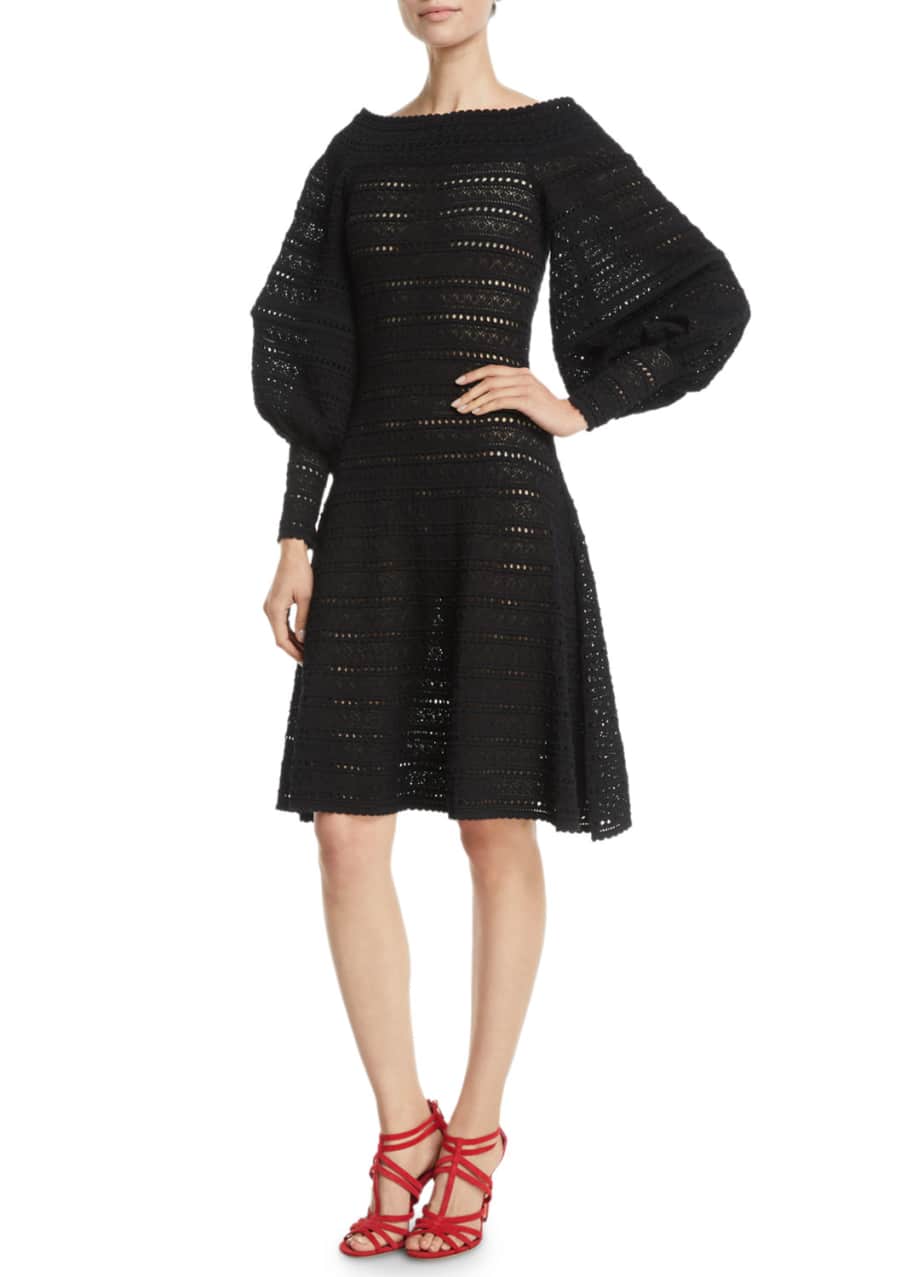 Image 1 of 1: Full-Sleeve Off-the-Shoulder A-Line Pointelle Knit Dress