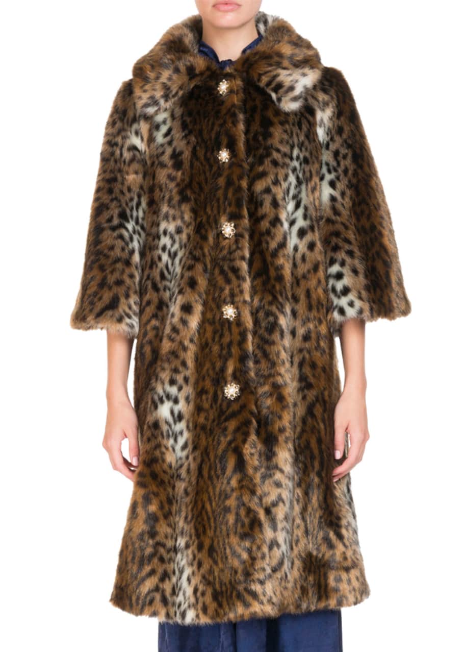 Erdem Sorayah Leopard-Print Faux-Fur 3/4-Sleeve Mid-Length Coat ...