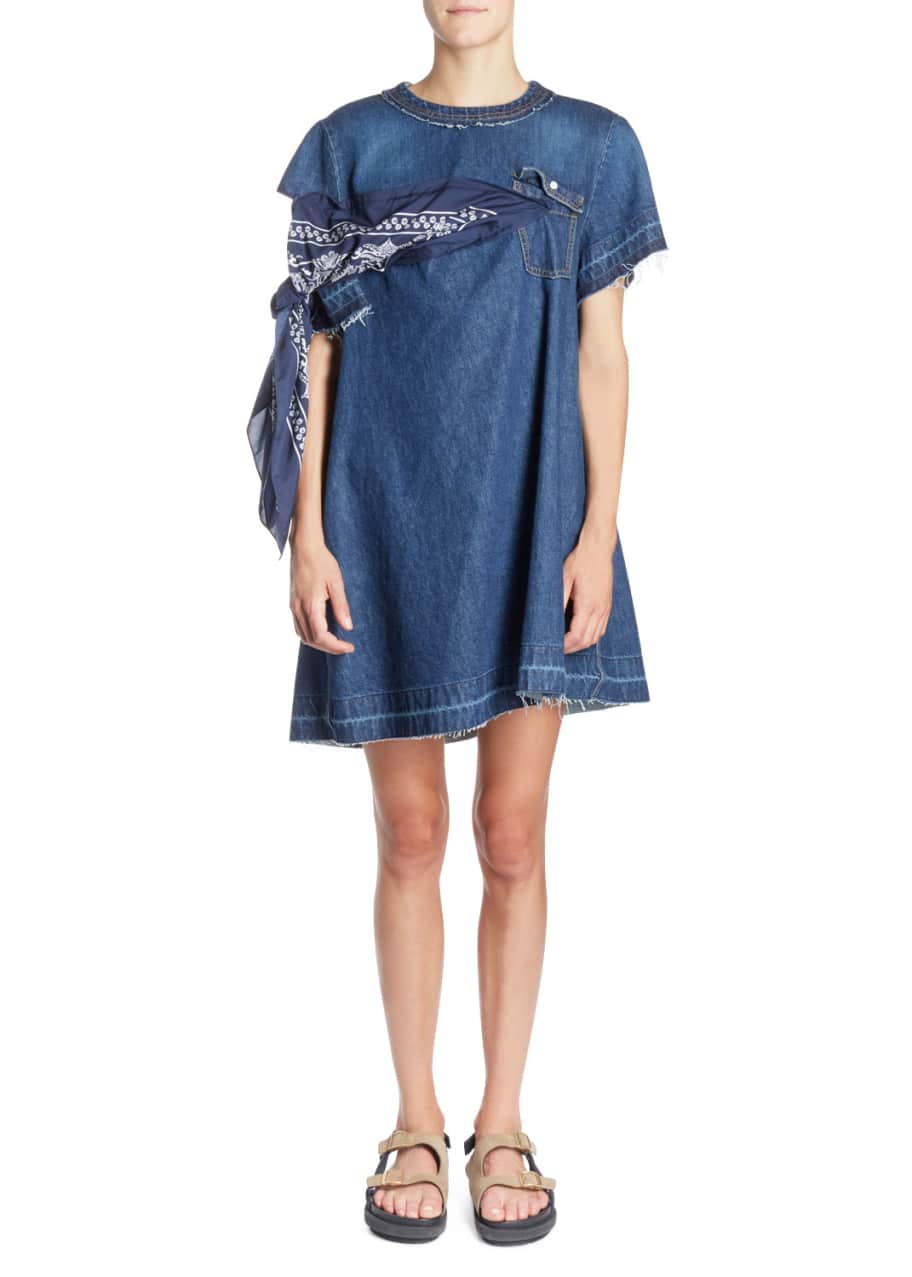 Bandana Tie Round Neck Short Denim Shift Dress