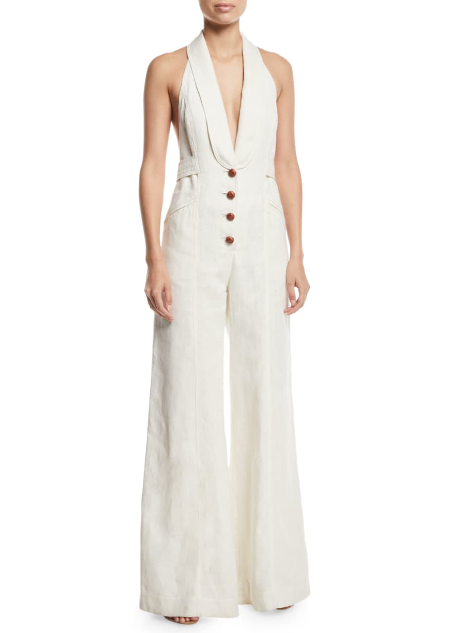 Corsage Tailored Wide Leg Linen Jumpsuit
