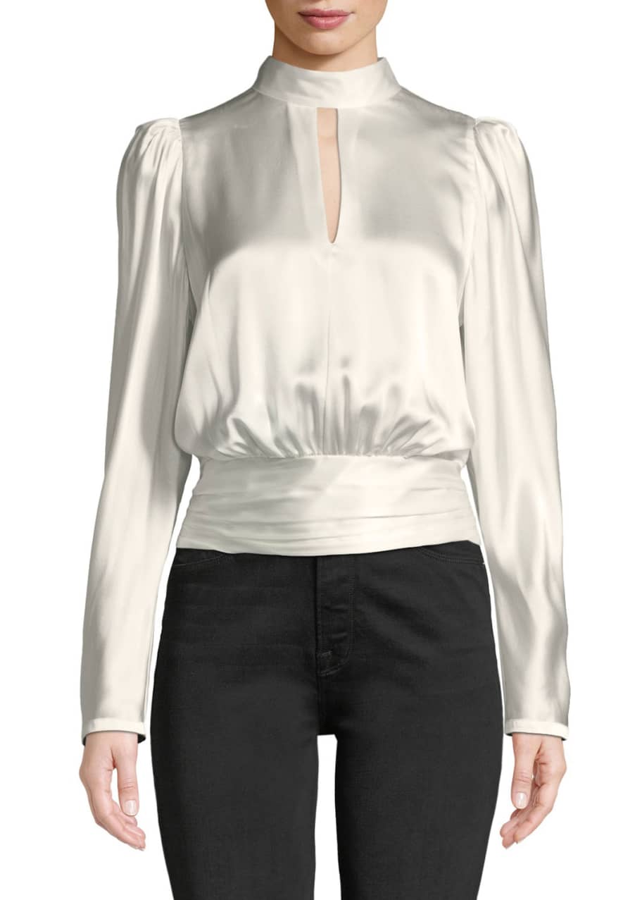 FRAME Satin Long Sleeve High Neck Keyhole Top Bergdorf Goodman