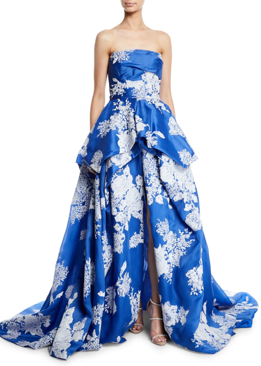 Monique Lhuillier Strapless Hand-Tufted Floral-Print Organza Ball Gown ...