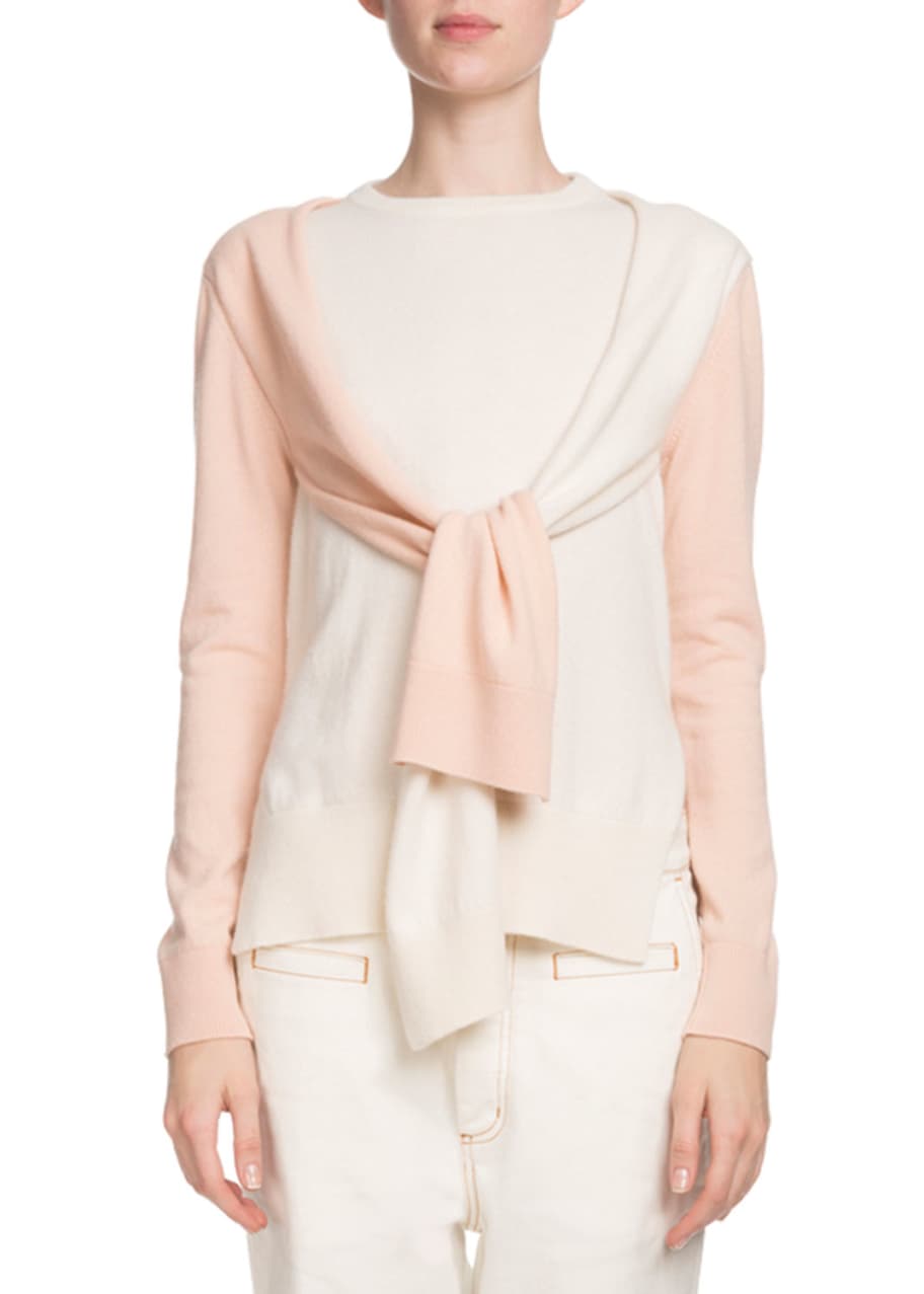 Image 1 of 1: Wrap-Front Long-Sleeve Bicolor Cashmere Sweater