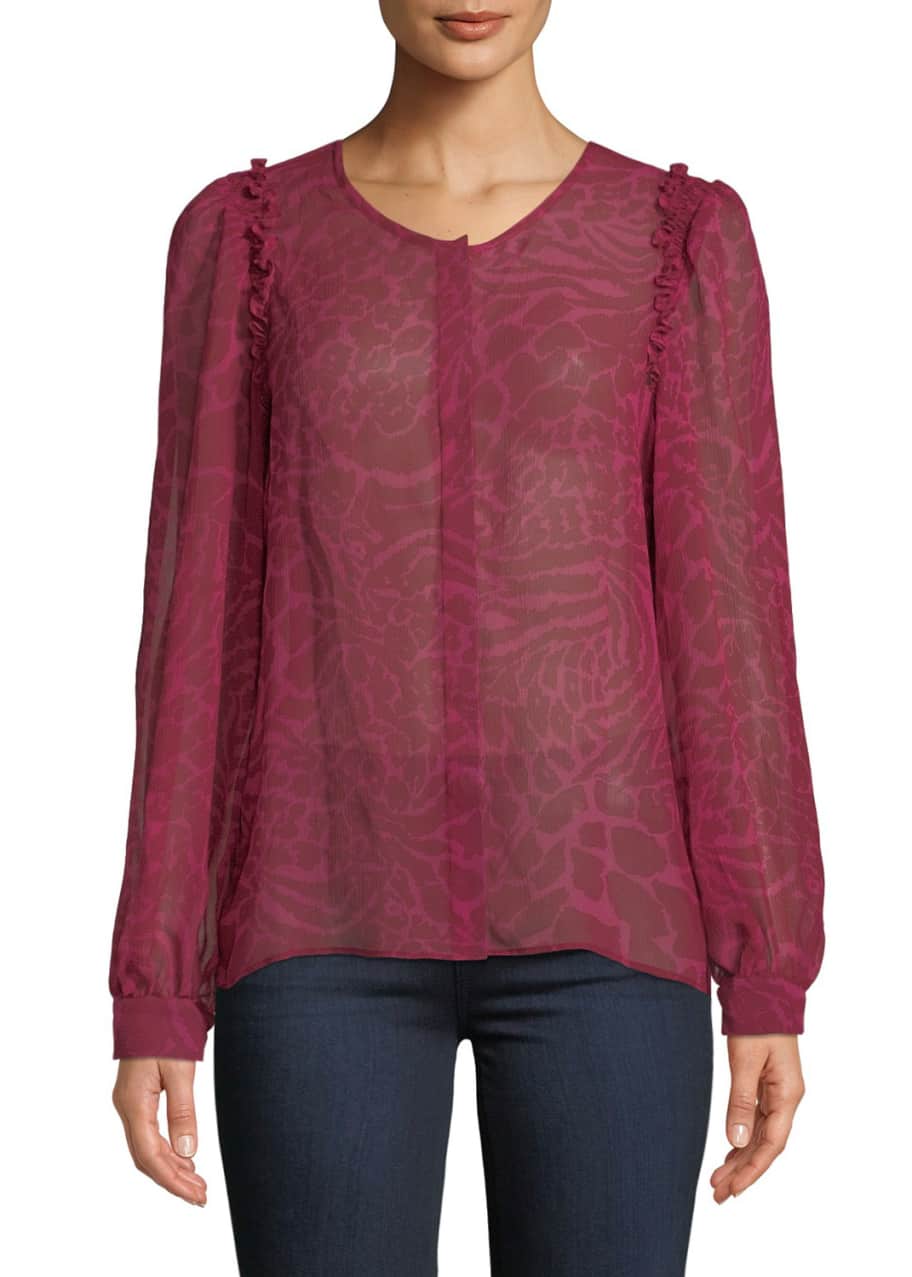 Image 1 of 1: Ambrosine Animal-Print Button-Front Silk Top