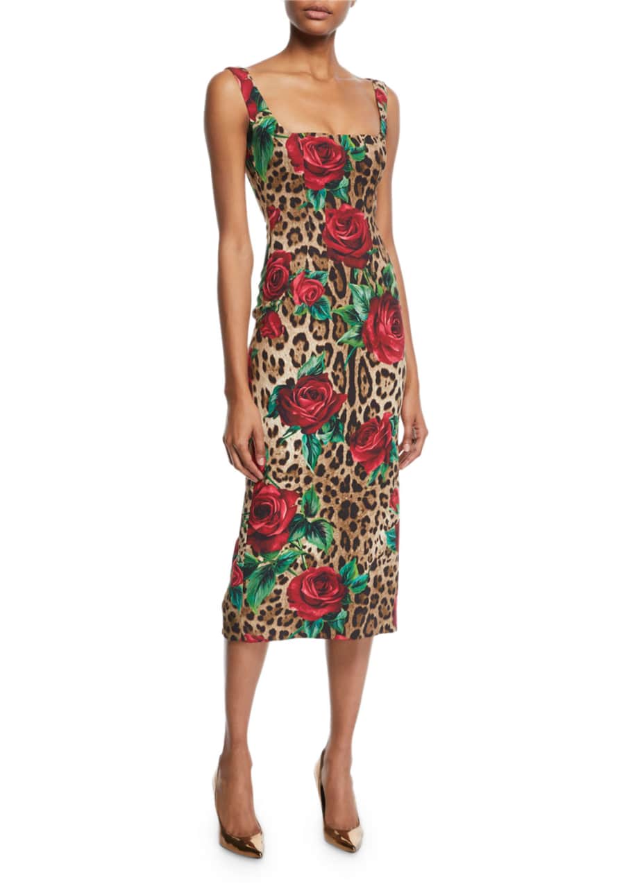 Dolce Gabbana Sleeveless Square Neck Rose Leopard Print Dress