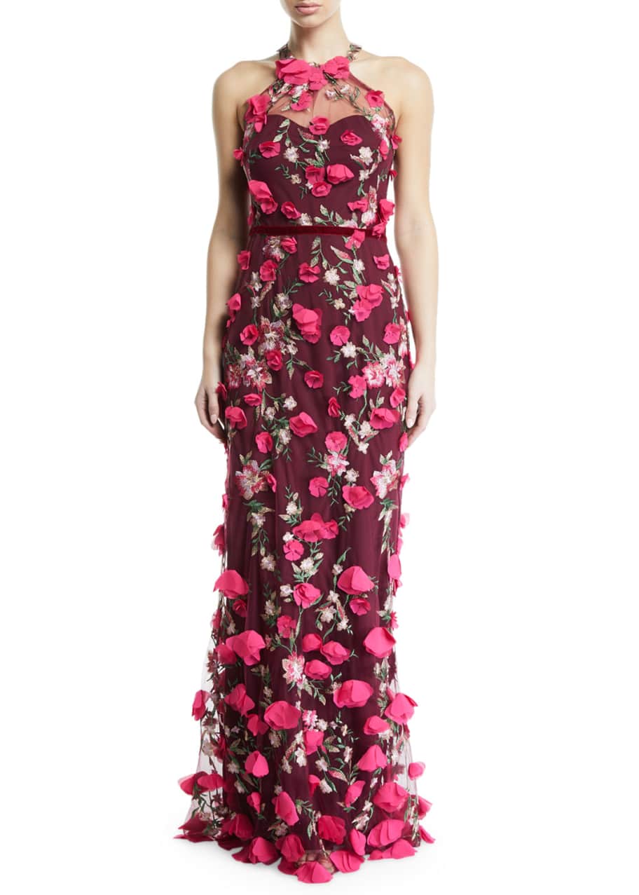 Marchesa Notte 3D Chiffon Flower Halter Gown - Bergdorf Goodman