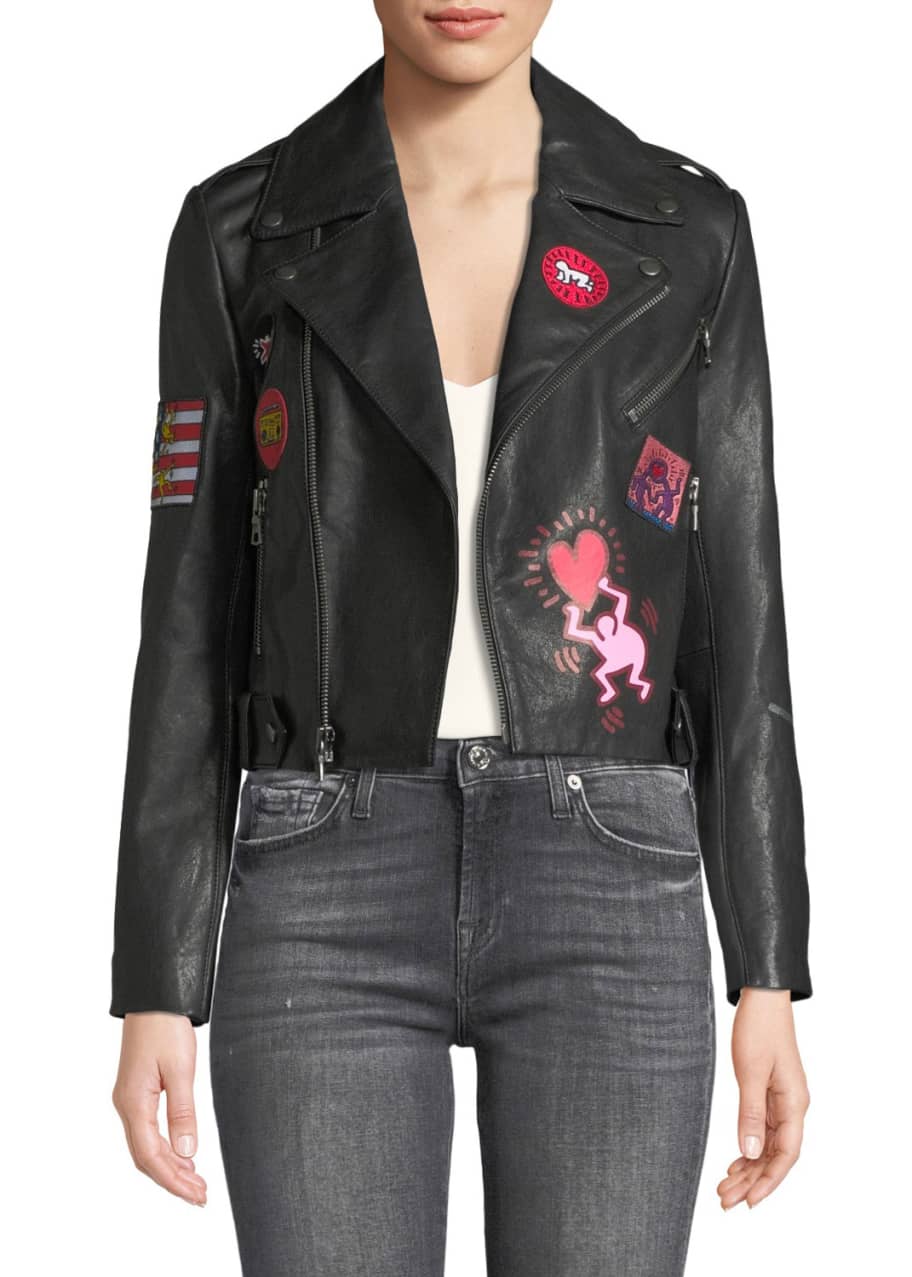 Keith Haring x Alice + Olivia Cody Cropped Leather Moto Jacket