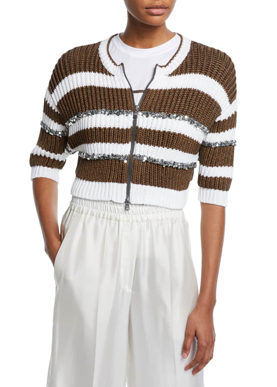 Brunello Cucinelli Pailletteed-Striped Ribbed Zip-Front Cardigan ...