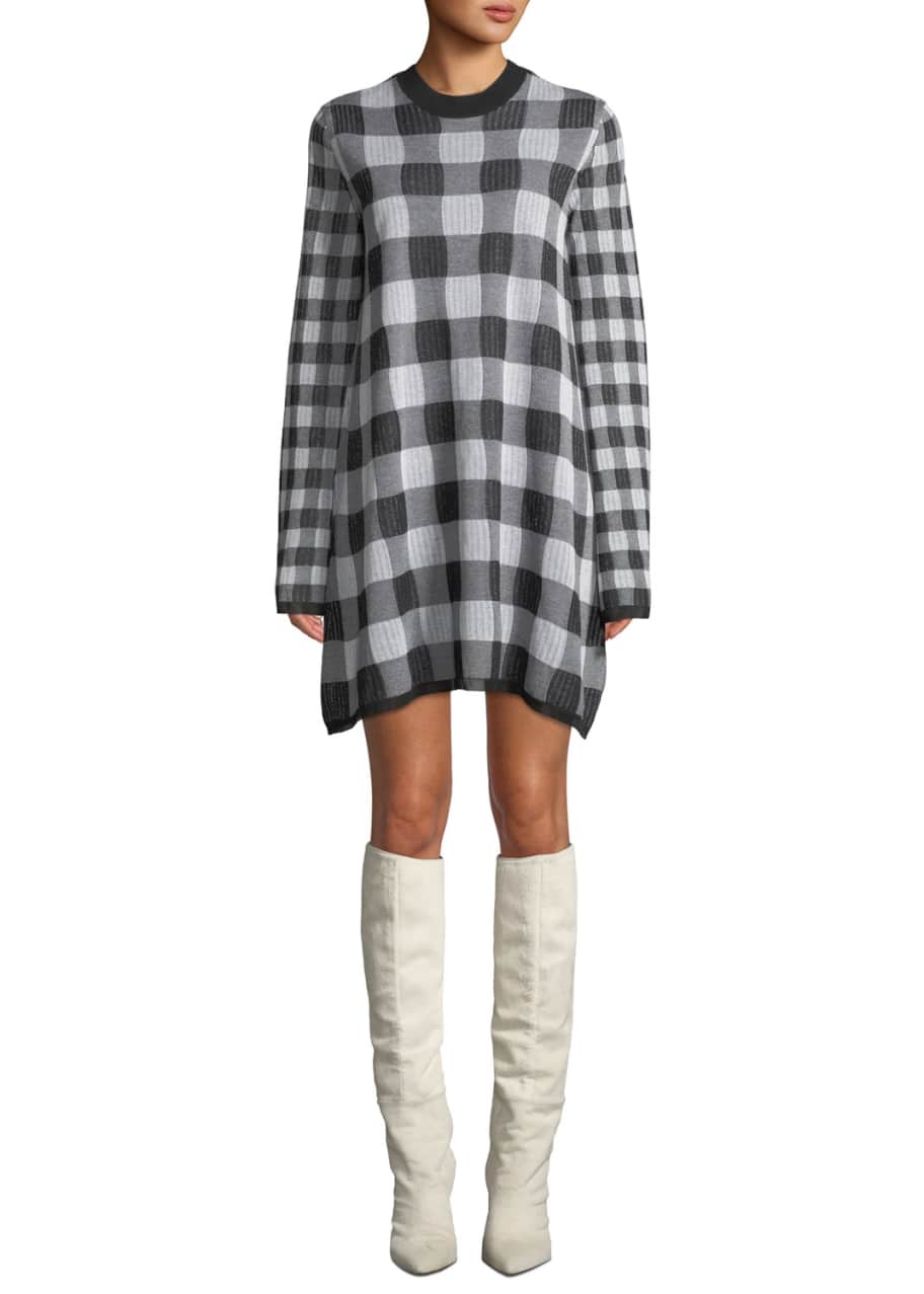 Image 1 of 1: Checkerboard Long-Sleeve Sweater Dress
